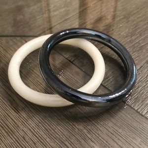 Vintage Black & White Iridescent Glass Bangle Bracelets, Set of 2